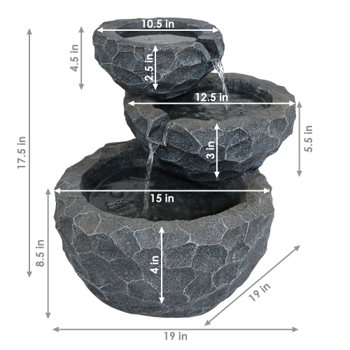 Sunnydaze 3-Tier Chiseled Basin Solar Water Fountain with Battery - 17 in