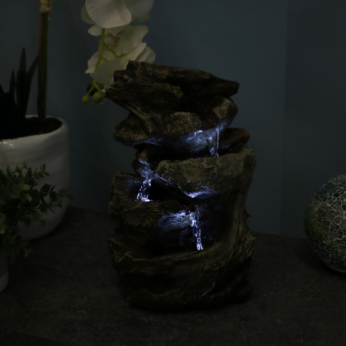 Sunnydaze Tiered Rock and Log Indoor Water Fountain with LEDs - 10.5 in