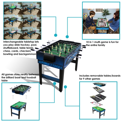 Sunnydaze 10-in-1 Game Table with Billiards, Foosball and Hockey - Blue