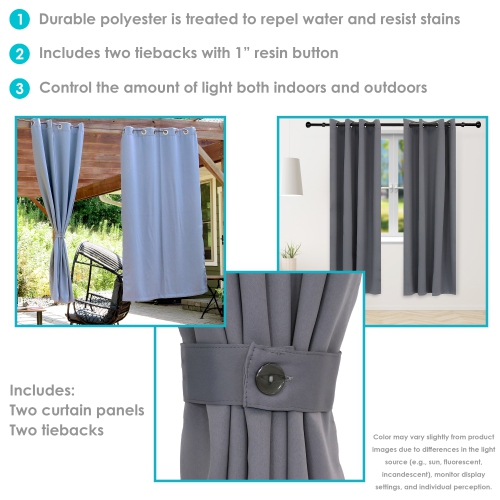 Sunnydaze Outdoor Blackout Curtain Panel - Gray - 52 in x 84 in - Set of 2