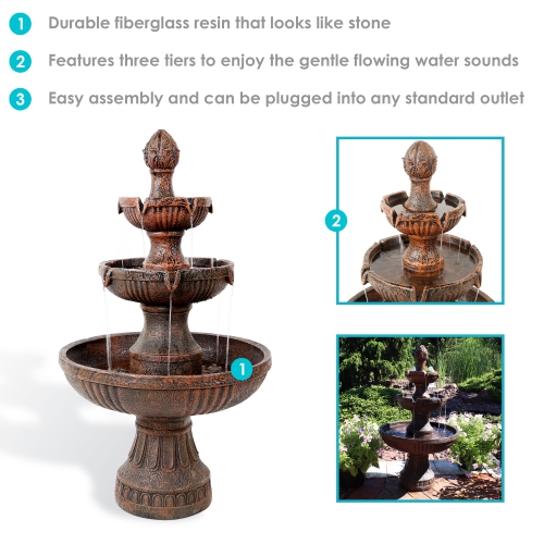 Sunnydaze Flower Blossom Resin Outdoor 3-Tier Fountain - Brown