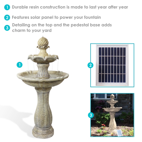 Sunnydaze Arcade Resin Outdoor 2-Tier Solar Fountain with Battery - Earth