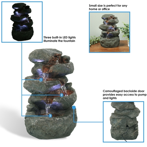 Sunnydaze Stacked Rocks Polyresin Indoor Water Fountain with LED - 10.5 in