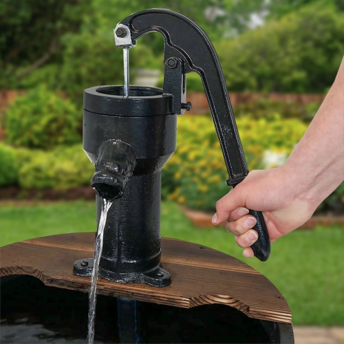 Sunnydaze Rustic 2-Tier Wood Barrel Water Fountain with Hand Pump - 34 in