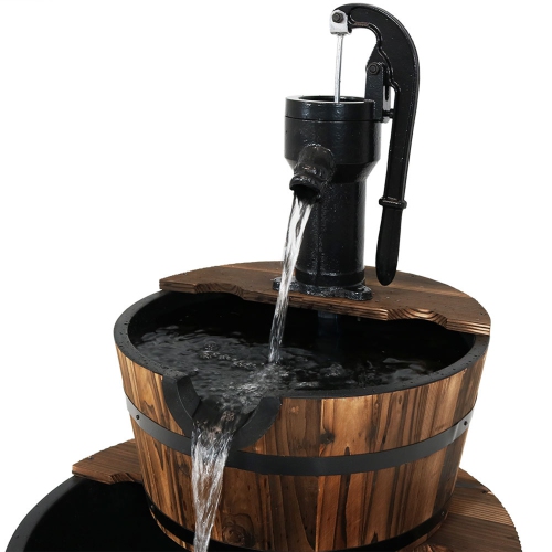 Sunnydaze Rustic 2-Tier Wood Barrel Water Fountain with Hand Pump - 34 in