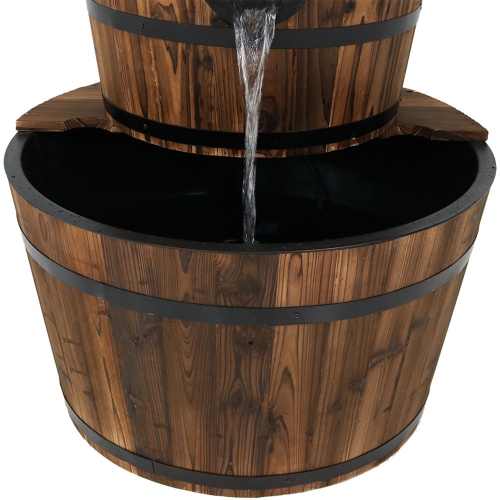 Sunnydaze Rustic 2-Tier Wood Barrel Water Fountain with Hand Pump - 34 in