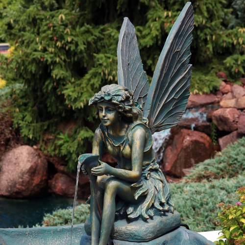 Sunnydaze Fiberglas Bronze Fairy Shell Outdoor Water Fountain - 30 in