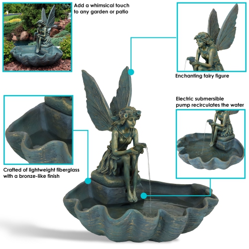 Sunnydaze Fiberglas Bronze Fairy Shell Outdoor Water Fountain - 30 in