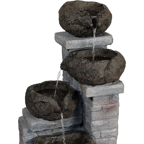 Sunnydaze Cascading Stone Bowl Solar Water Fountain with LED Lights - 27 in