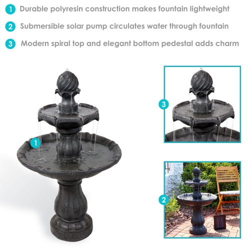 Sunnydaze Resin Outdoor 2-Tier Solar Water Fountain with Battery - Black
