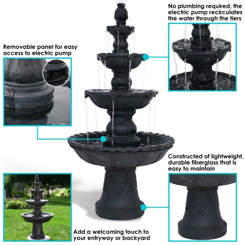 Sunnydaze Pineapple Resin Outdoor 4-Tier Water Fountain - Black