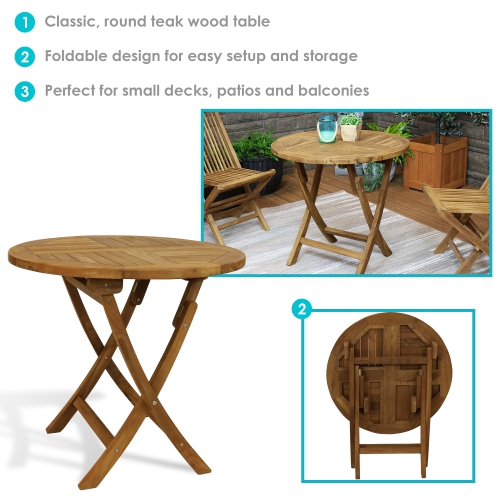 Sunnydaze 32 in Solid Teak Wood Folding Round Patio Dining Table