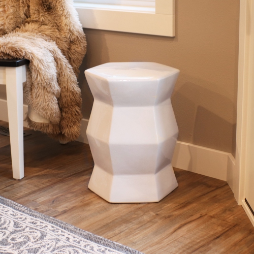 Sunnydaze 17.25 in Moderno Geometric Glaze Ceramic Garden Stool - White