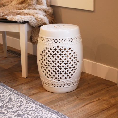 Sunnydaze 17.75 in Marrakesh Lattice Ceramic Glaze Garden Stool - White