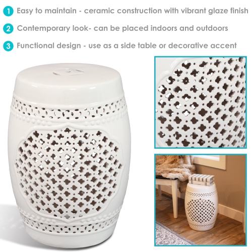 Sunnydaze 17.75 in Marrakesh Lattice Ceramic Glaze Garden Stool - White
