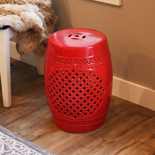 Sunnydaze 17.75 in Marrakesh Lattice Ceramic Glaze Garden Stool - Red