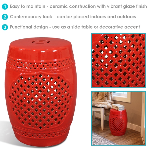 Sunnydaze 17.75 in Marrakesh Lattice Ceramic Glaze Garden Stool - Red