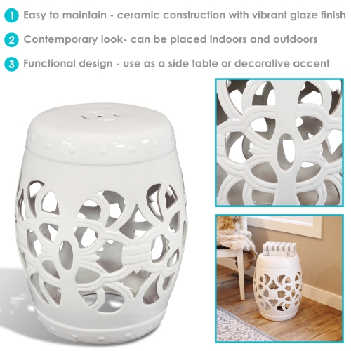 Sunnydaze 18 in Knotted Quatrefoil Ceramic Glaze Garden Stool - White