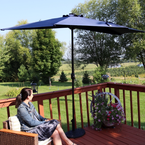 Sunnydaze 9 ft Solar Steel Half Patio Umbrella with Crank - Navy Blue