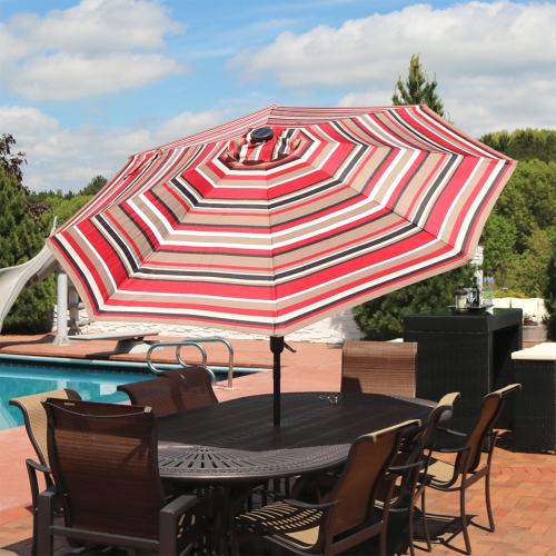 Sunnydaze 9 ft Solar Patio Umbrella with Lights, Tilt, and Crank - Red
