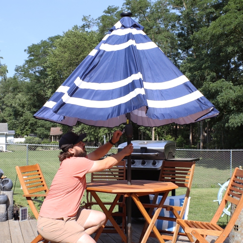 Sunnydaze 9 ft Solar Patio Umbrella with Lights, Tilt, and Crank - Navy