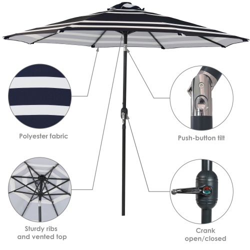 Sunnydaze 9 ft Solar Patio Umbrella with Lights, Tilt, and Crank - Navy