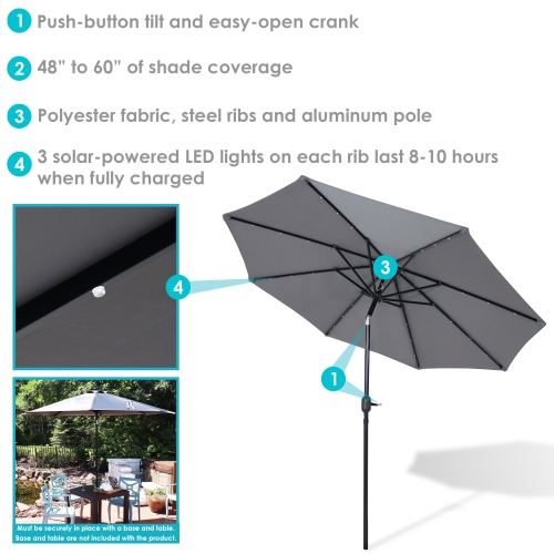Sunnydaze 9 ft Solar Aluminum Patio Umbrella with Tilt and Crank - Gray