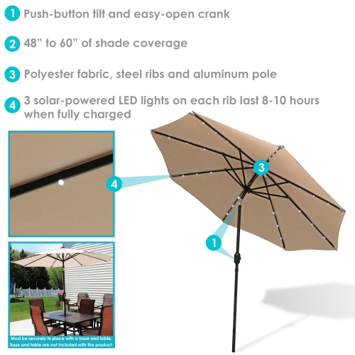 Sunnydaze 9 ft Solar Aluminum Patio Umbrella with Tilt and Crank - Beige