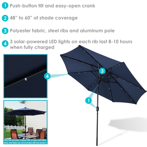 Parasol de patio solaire de 9 pi en aluminium avec manivelle et inclinaison de Sunnydaze - Bleu marine