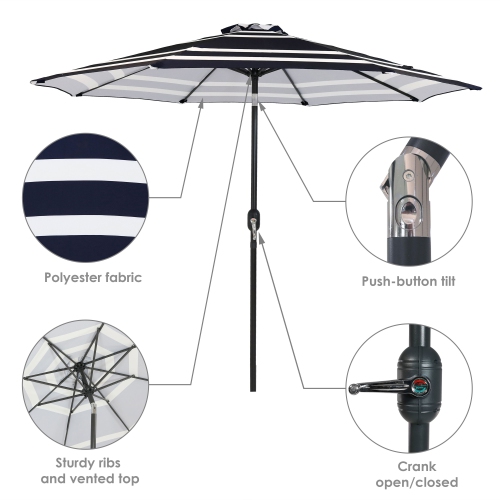 Sunnydaze 9 ft Aluminum Patio Umbrella with Tilt and Crank - Navy Stripe