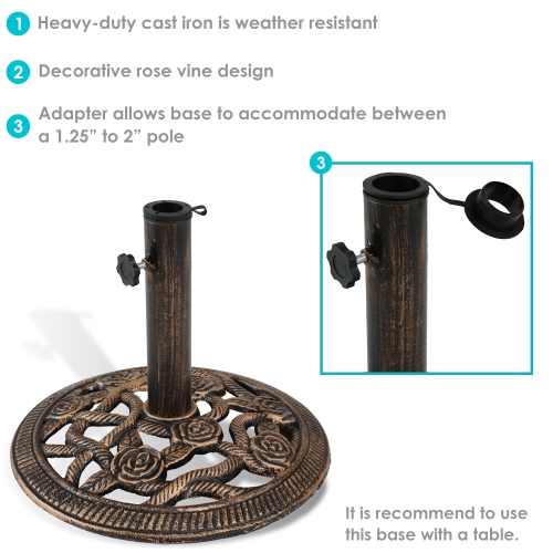 Sunnydaze 16 in Rose Blossom Cast Iron Round Patio Umbrella Base - Bronze