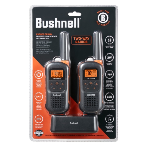Bushnell Adventure 68KM Floating Two Way Radios - Waterproof IP67 Marine FRS 2 Watt Long Range Rechargeable Walkie Talkie, 2 Pack | LPX650