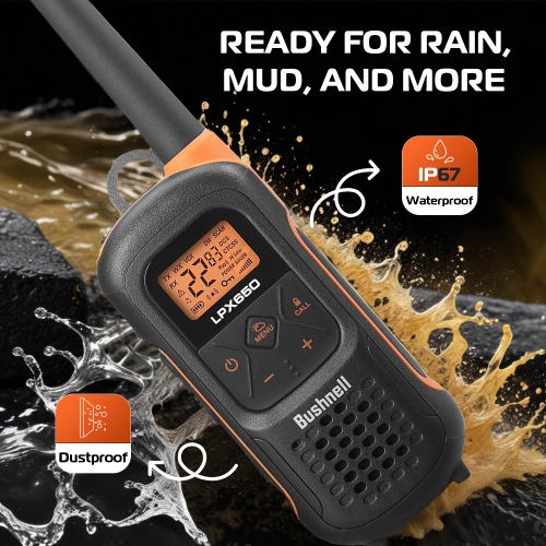Bushnell Adventure 68KM Floating Two Way Radios - Waterproof IP67 Marine FRS 2 Watt Long Range Rechargeable Walkie Talkie, 2 Pack | LPX650