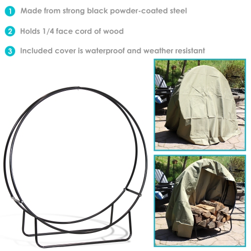 Sunydaze – Support en acier thermolaqué pour anneaux en bois de feu avec couvercle kaki, 40 po