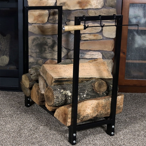 Sunnydaze 30 in Black Powder-Coated Steel Firewood Log Rack and Cover