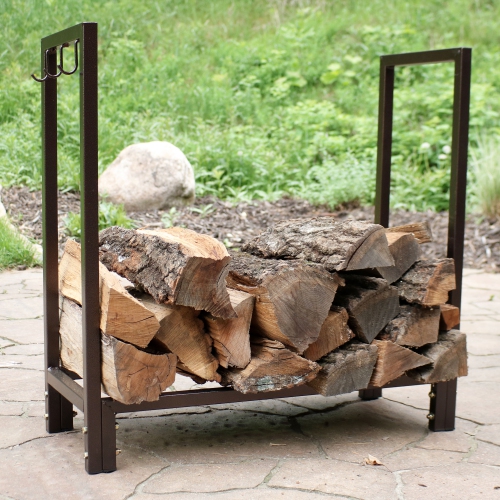 Sunnydaze 30 in Steel Firewood Log Rack with Fireplace Tool Hooks - Bronze