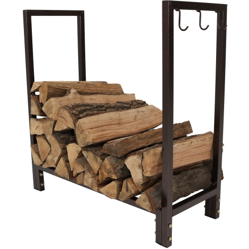 Sunnydaze 30 in Steel Firewood Log Rack with Fireplace Tool Hooks - Bronze