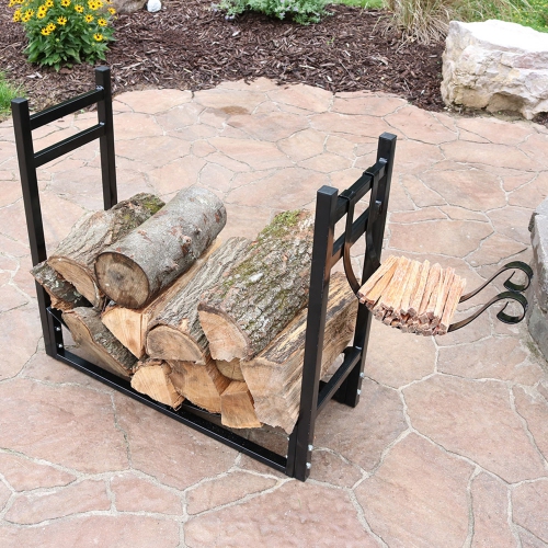 Sunnydaze 33 in Steel Firewood Log Rack with Kindling Holder - Black