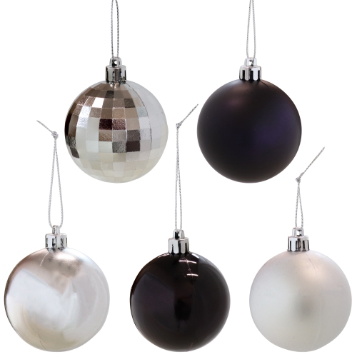 Sunnydaze Modern Holiday 50-Piece Black/Silver Ornament Set - 63.5 mm