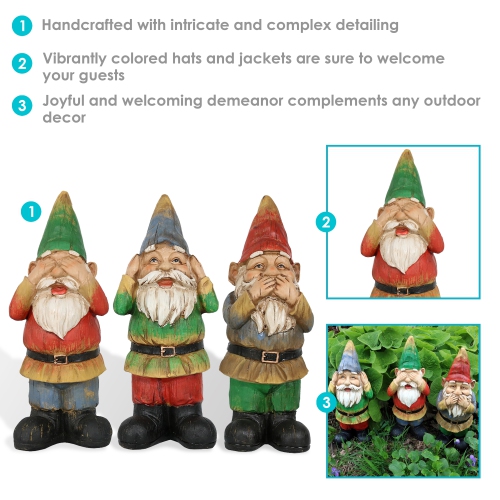 Sunnydaze Hear No Evil, Speak No Evil and See No Evil Garden Gnomes - 12 in