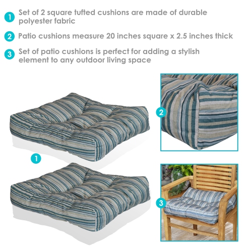 Sunnydaze Outdoor Square Tufted Seat Cushion - Neutral Stripes - Set of 2