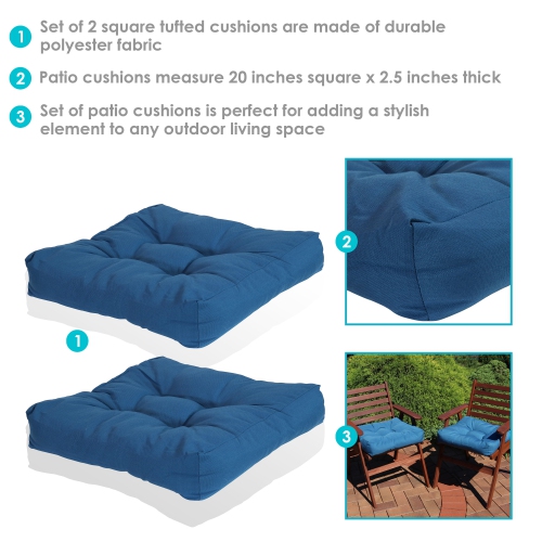 Sunnydaze Outdoor Square Olefin Tufted Seat Cushions - Blue - Set of 2