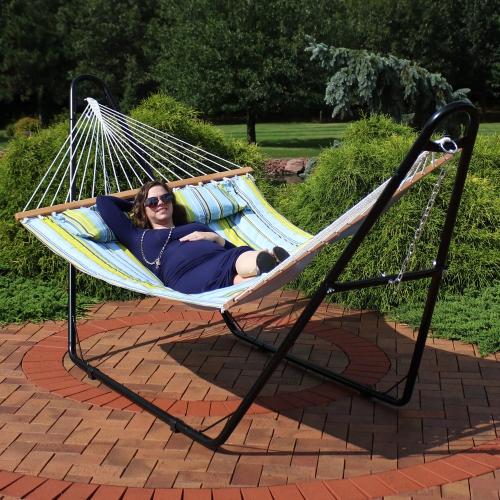 Sunnydaze 2-Person Quilted Hammock with Universal Steel Stand - Blue/Green