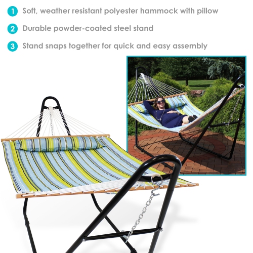 Sunnydaze 2-Person Quilted Hammock with Universal Steel Stand - Blue/Green