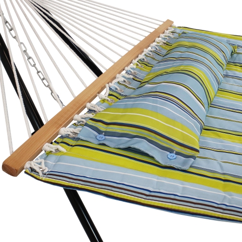 Sunnydaze 2-Person Quilted Hammock with Universal Steel Stand - Blue/Green