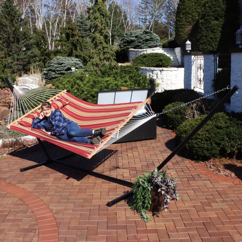 Sunnydaze 2-Person Quilted Fabric Hammock with 15' Stand and Pillow - Red