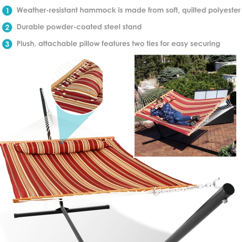 Sunnydaze 2-Person Quilted Fabric Hammock with 15' Stand and Pillow - Red