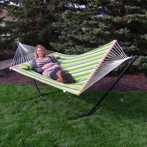 Sunnydaze 2-Person Quilted Fabric Hammock with Steel Stand - Melon Stripe
