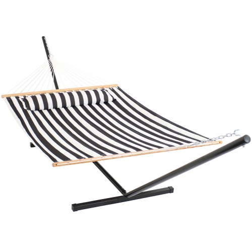 Sunnydaze 2-Person Quilted Fabric Hammock with Steel Stand - Black/White