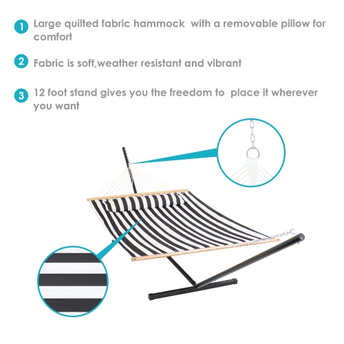 Sunnydaze 2-Person Quilted Fabric Hammock with Steel Stand - Black/White